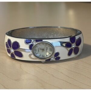 Kenneth Cole Women's Silver Tone Bangle Watch Purple Floral Accents Quartz BK64